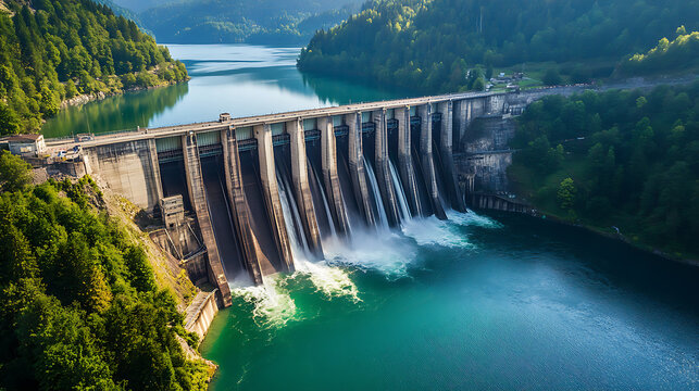 Aerial view of a Swiss mountain hydroelectricity reservoir dam generating renewable energy and contributing to the reduction of global warming during summer, showcasing decarbonization efforts