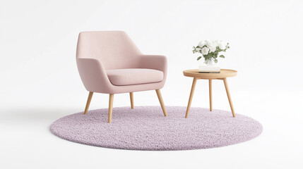 Pink armchair with wooden legs on round carpet with coffee table and flowers