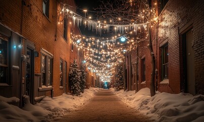 Fototapeta premium A long hallway with Christmas lights hanging from the ceiling
