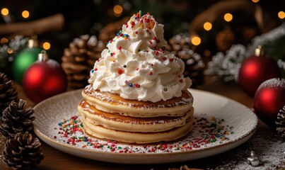 A stack of pancakes with whipped cream and sprinkles on top