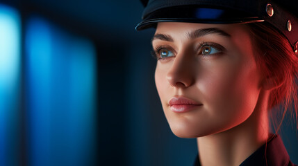 Young pilot woman wearing uniform and hat looking up with hope and confidence