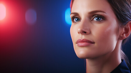 Fototapeta premium Businesswoman posing with red and blue lights reflecting on her face