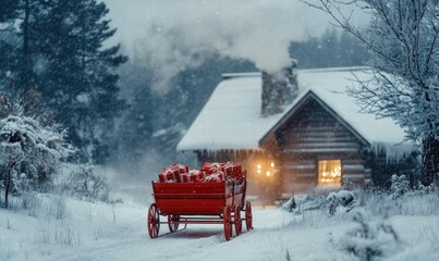 Naklejka premium A red wagon is parked in front of a house