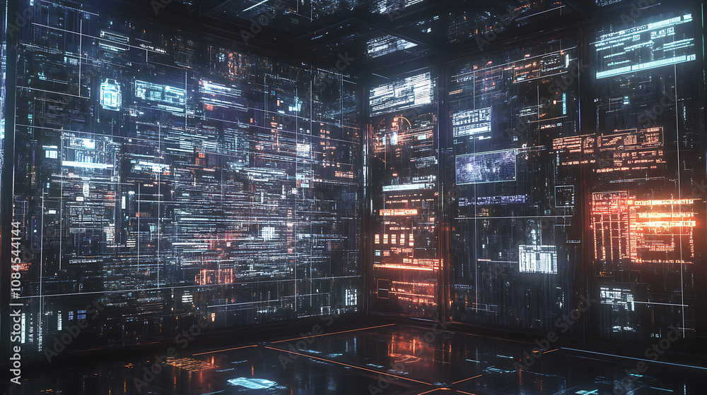 Aufkleber a technological frame or interface, envisioned as a virtual grid, displays a variety of user interfa