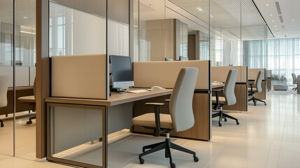 Modern open plan office interior with ergonomic furniture and glass partitions