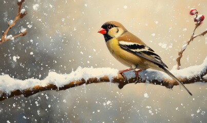 Obraz premium A bird is sitting on a branch covered in snow