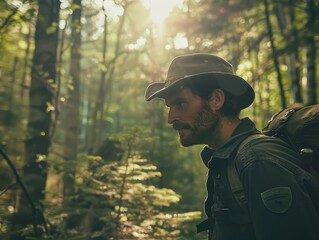 Fototapeta premium Forest Ranger Patrols Through the Woods