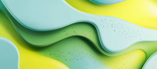Swirling layers of pastel green, blue, and yellow create a fluid, abstract design