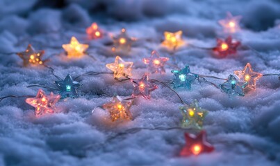 A bunch of lit up stars on a snowy ground