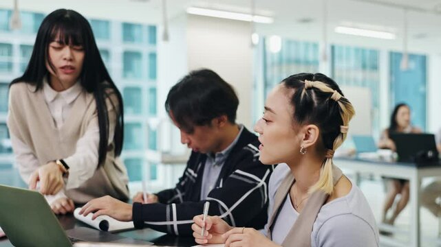 Learning, laptop and app at university with students, digital project and thesis writing. College, class and discussion with science notebook and website research for phd of graduate on school tech