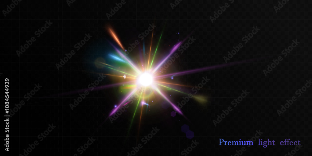 Poster Abstract colorful bright light with flickering glare and laser effect png. For graphic design and game interfaces.