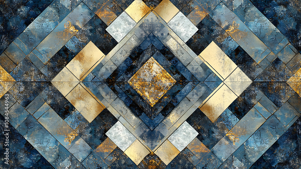 Poster an artistic abstract colored geometric pattern with a pixel tiled background in hues of blue, beige,