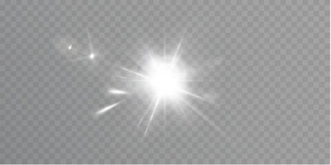 White glowing light explodes on a transparent background. Bright Star. Transparent shining sun, bright flash. Vector graphics.	