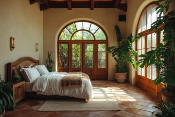 a modern, Spanish style bedroom with travertine tiles, lots of natural light, and greenery