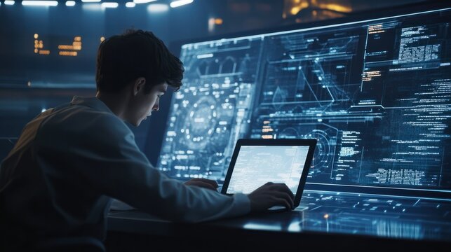 Digital technology concept. Man programmer working on laptop for big data management, computer code on futuristic virtual interface screen, data mining, digital software development