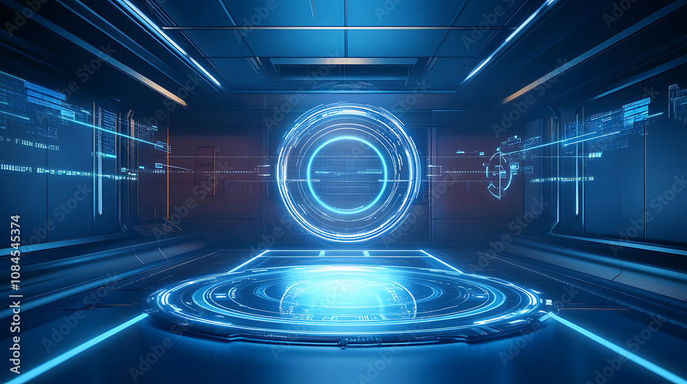 Poster an abstract background illuminated by blue light, set within a futuristic lab, showcases a 3d circle