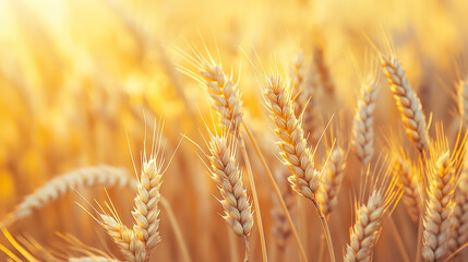 Golden wheat field illuminated by warm sunlight at sunset