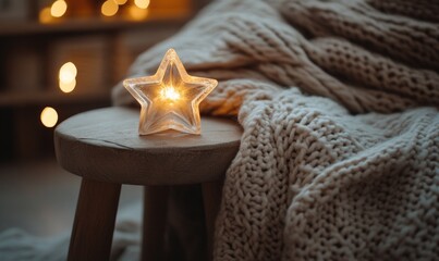 Fototapeta premium A star is lit up on a wooden stool