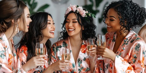 Joyful celebration of a bride and her bridesmaids toasting together elegant wedding venue candid photography indoor setting laughter and friendship