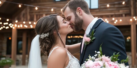 Romantic wedding kiss between bride and groom in rustic barn setting captivating love story rustic elegance intimate moment