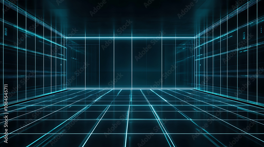 Poster An empty dark room depicted in a modern futuristic Sci-Fi background through a 3D illustration, setting the stage for a high-tech environment