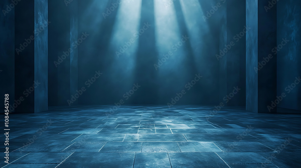 Poster an empty dark room depicted in a modern futuristic sci-fi background through a 3d illustration, sett
