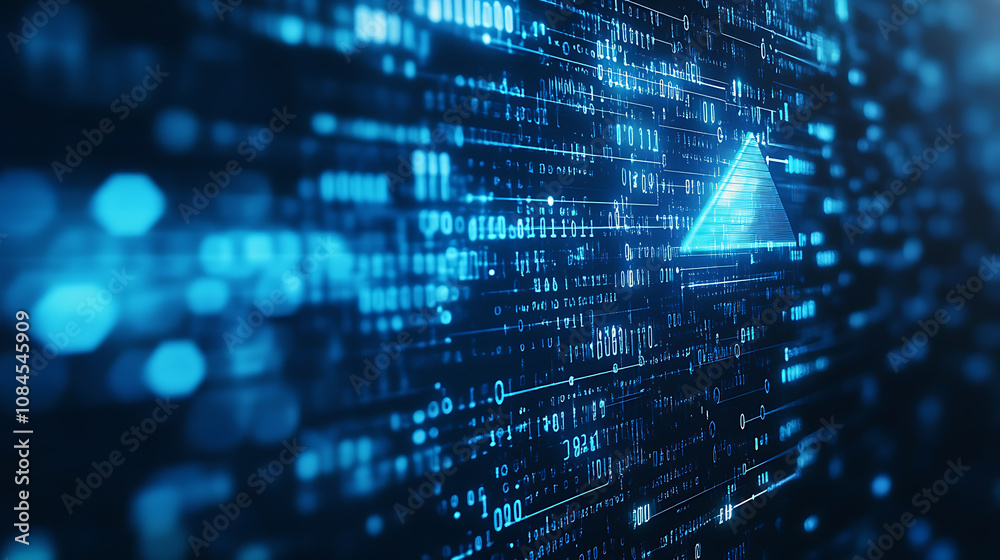 Poster blue arrow pointing to the right on digital background, symbolizing growth and progress in technolog