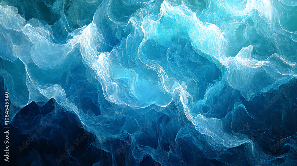 Poster A dark blue and turquoise background with flowing lines of water, creating an abstract pattern The colors blend seamlessly to create a sense of movement and fluidity