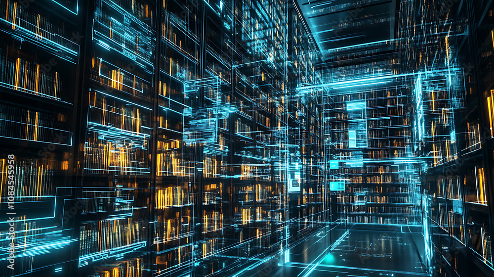 Aufkleber books transition into the digital domain, stored within computers, symbolizing the evolution of libr