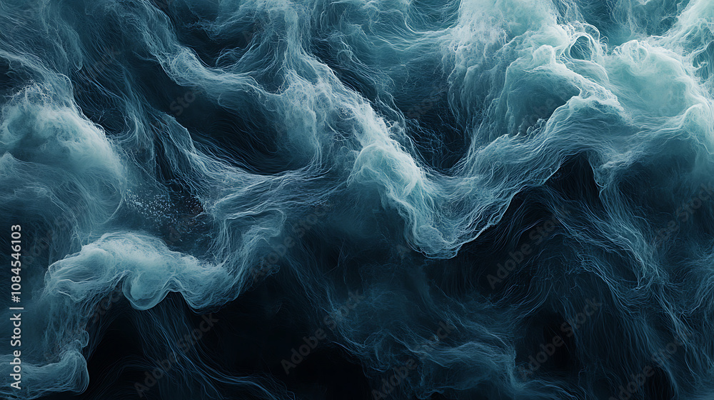 Poster A dark blue and turquoise background with flowing lines of water, creating an abstract pattern The colors blend seamlessly to create a sense of movement and fluidity