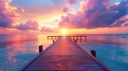 A serene sunset view over a wooden pier extending into calm waters.