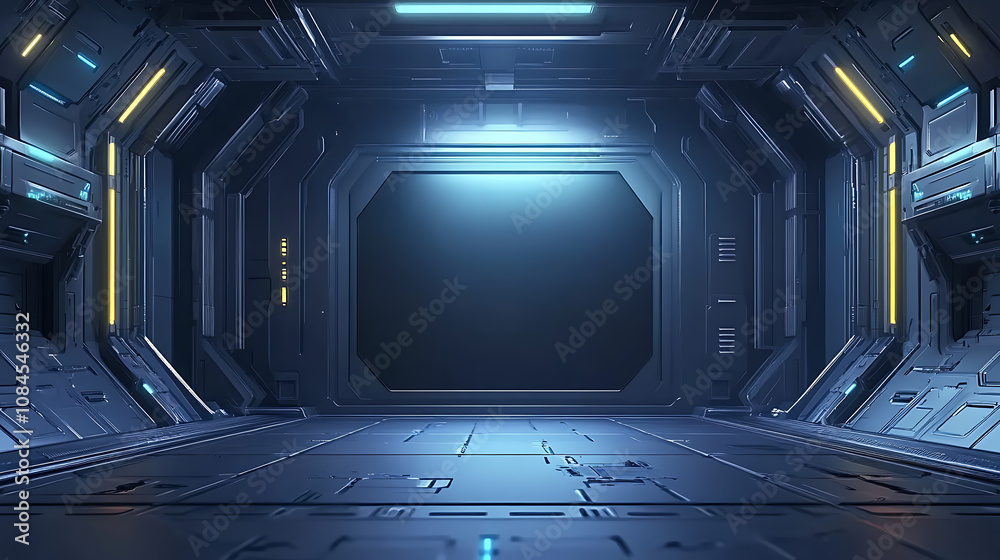 Poster An empty dark room depicted in a modern futuristic Sci-Fi background through a 3D illustration, setting the stage for a high-tech environment