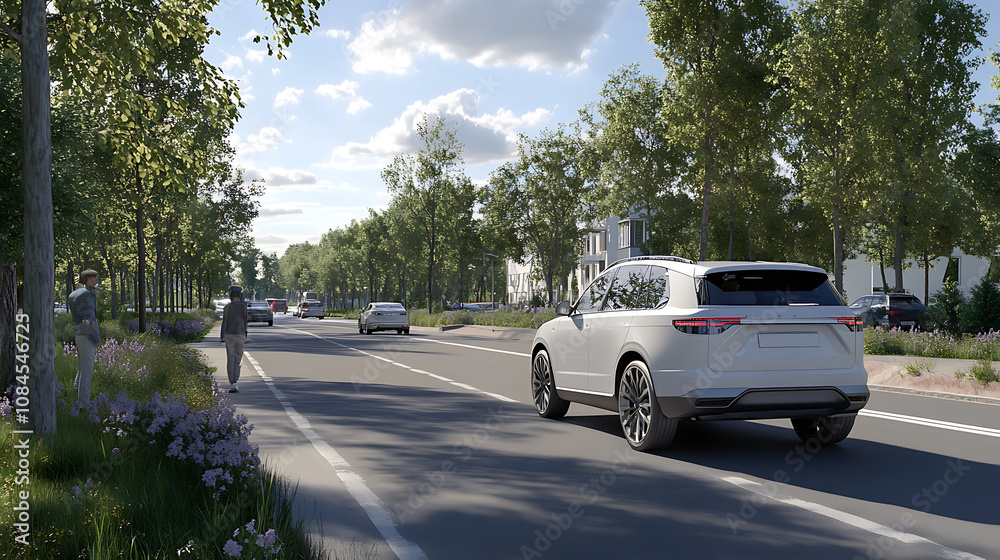 Poster A 3D rendering shows an autonomous SUV performing parallel parking on a roadside with left-hand traffic, demonstrating an intelligent parking assist system