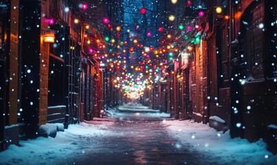 A snowy street with lights hanging from the ceiling