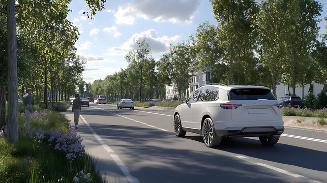 A 3D rendering shows an autonomous SUV performing parallel parking on a roadside with left-hand traffic, demonstrating an intelligent parking assist system
