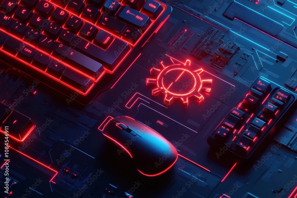 Aufkleber a vibrant keyboard sits next to a sleek mouse with a gear overlay, highlighting a futuristic gaming 
