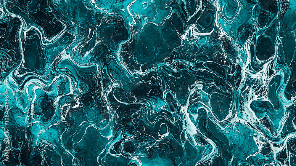 Poster A dark blue and turquoise background with flowing lines of water, creating an abstract pattern The colors blend seamlessly to create a sense of movement and fluidity