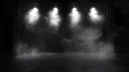 Fototapeta premium Dark background with spotlights and smoke, stage for cinema or theater with open space area