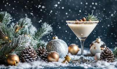 A martini glass with a drink in it is on a table with Christmas decorations