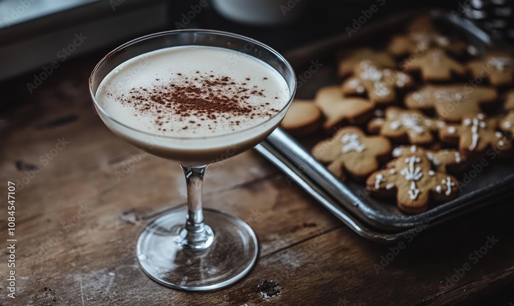 Poster A glass of white liquid with a brown powder on top