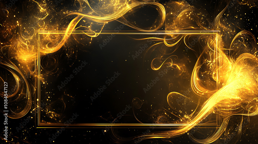 Poster A large gold rectangular frame on the right side of an empty black background with golden decorative elements
