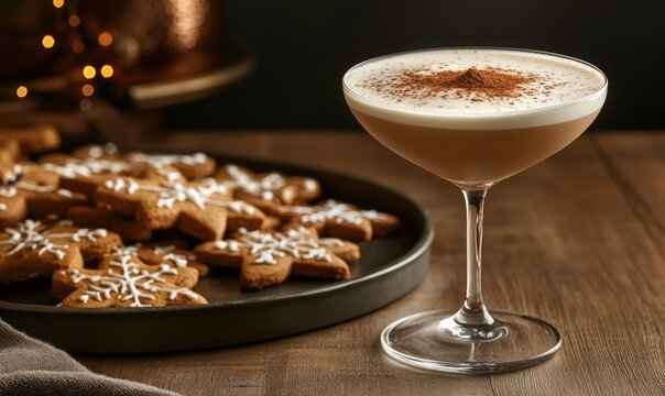 A glass of brown liquid with a brown rim sits on a table next to a plate of ging