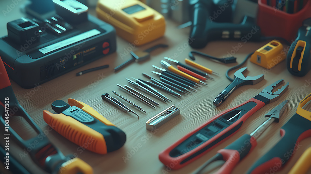 Poster a collection of electrician's tools is neatly spread out on a wooden surface for easy access