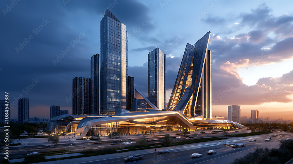 Poster digital blueprints of modern buildings and skyscrapers, showcasing the integration of technology in 
