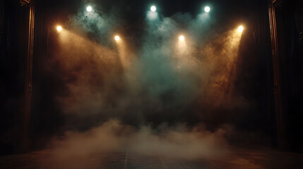 Fototapeta premium Dark stage with spotlights and smoke, empty scene for theater or cinema performance