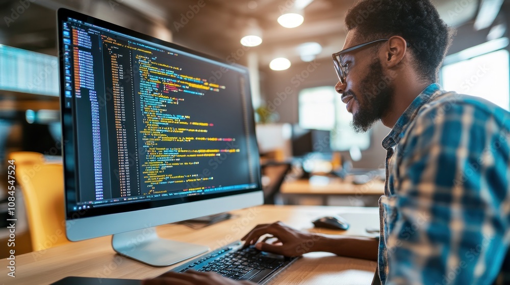 Poster a person coding on a computer in a modern office setting.