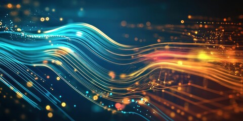 Abstract digital waves with glowing particles, representing technology and data flow.