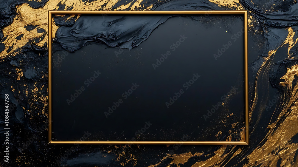Poster a large gold rectangular frame on the right side of an empty black background with golden decorative