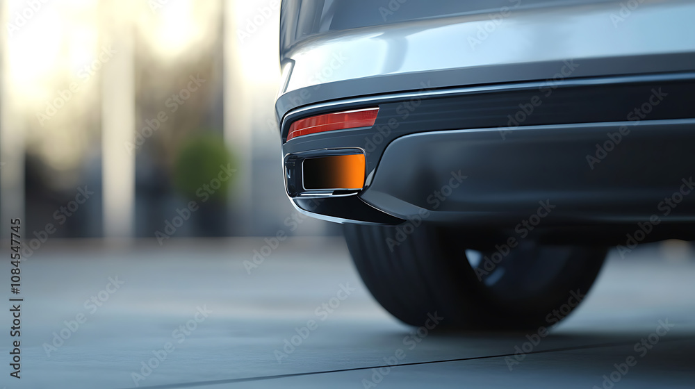 Poster a rear car bumper is fitted with a parking sensor, focused in a light blurred background