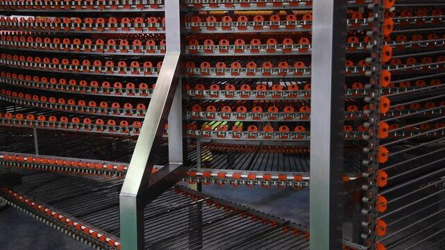 Close-up view of empty red metal conveyer belt in industrial building. Soft focus. Copy space. Real time handheld video. Manufacturing and production line theme.
